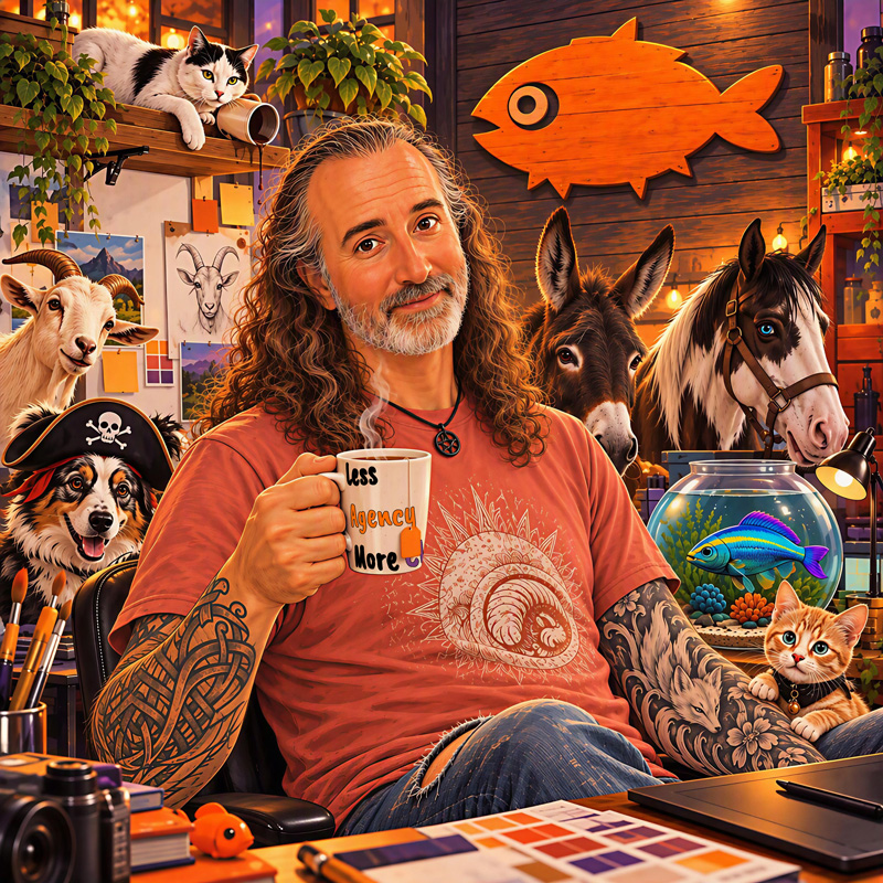 Illustration of Mister Fishie at his desk with a mug of tea, surrounded by the studio crew.